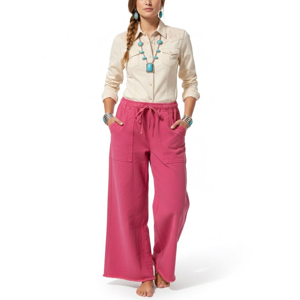Double D Ranch Hot Pink Cotton Drawstring Straight Leg Raw Hem Pants XS EUC